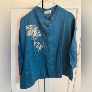 Teal linen embroidered shirt with coconut buttons XL